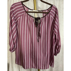 NWOT Oddy Women's Top Magenta Stripe Lace Back Boho Peasant Blouse Boat Neck L